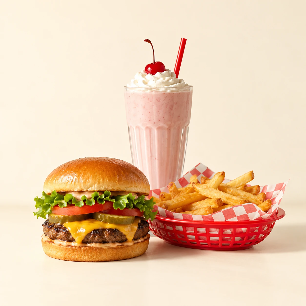 Burger, golden fries and a strawberry milkshake